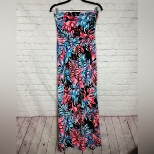 Vanilla Bay bright floral beachy strapless‎ maxi dress pockets, sz M, EUC
